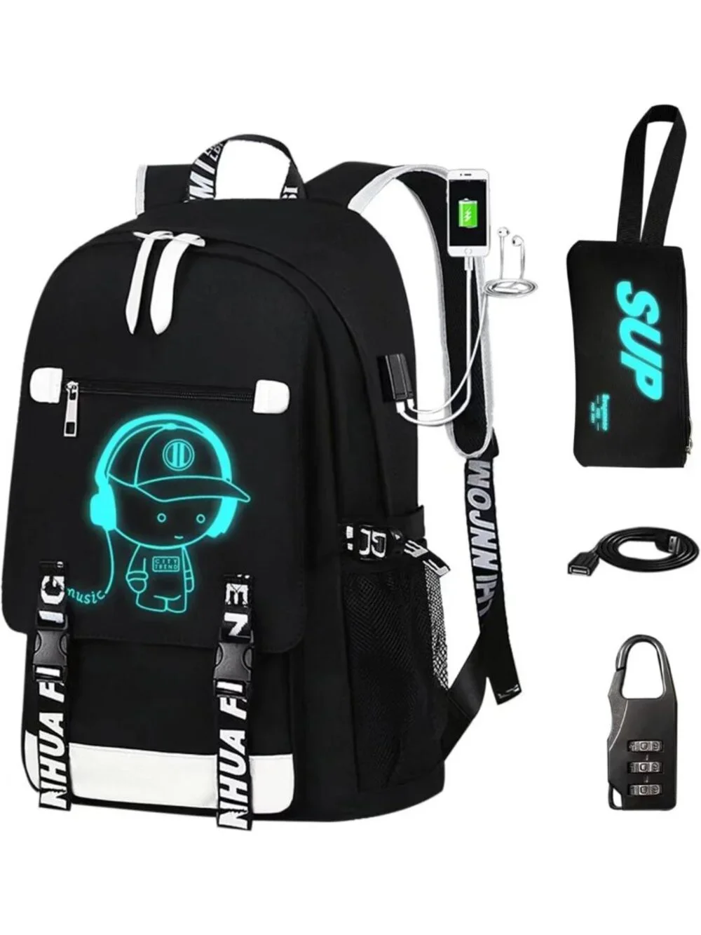 Luminous Waterproof Travel Laptop Backpack with USB & Headphone Ports